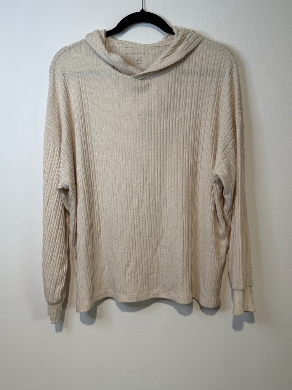 American Eagle Womens Cream Ribbed Knit Pullover Hoodie Sweater Large L